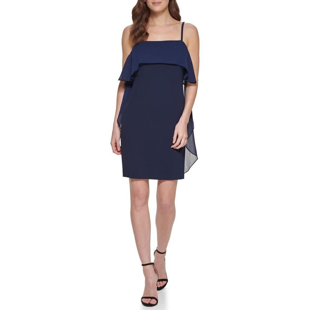 DKNY Women's Sleeveless Square Neck Ruffle Mini Dress, Navy 14 NWT